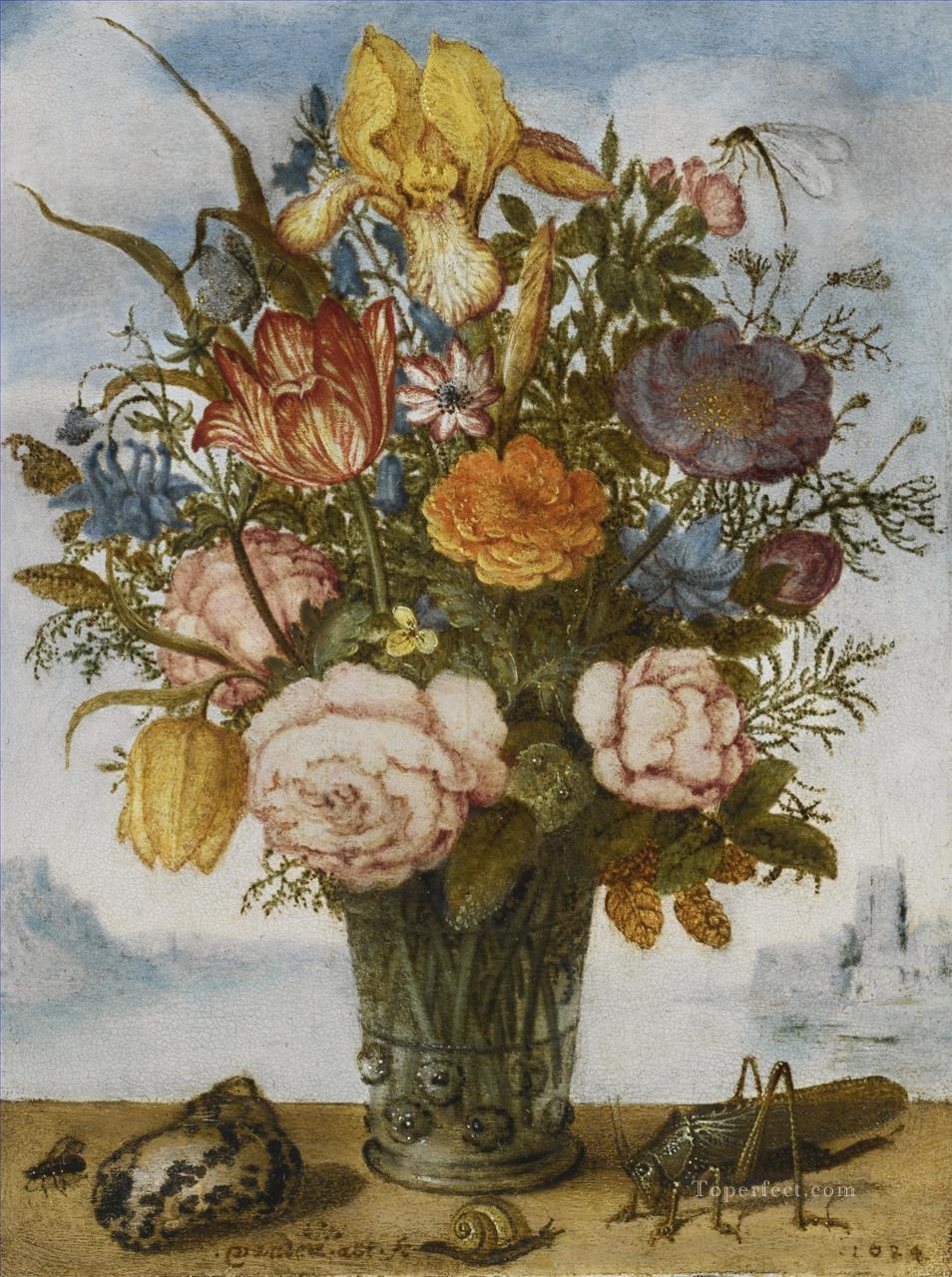 Bosschaert Ambrosius FLOWER BOUQUET ON A LEDGE TOGETHER WITH A SHELL AND A GRASSHOPPER Oil Paintings